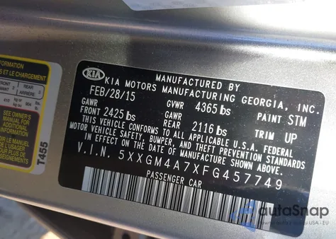 2015 Kia Optima Lx из США, поврежденный, VIN 5XXGM4A7XFG457749